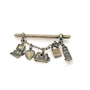 SJC SUNDANCE BAR PIN & CHARMS HEART COMPUTER PHONE CAMERA SHOP 2.5" BROOCH VGUC